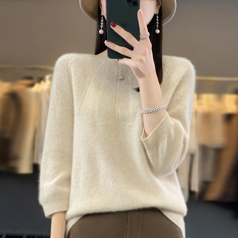 Spring and autumn new 100% pure sweater ladies cropped sleeves O-neck solid color high-end hollow cashmere knit pullover