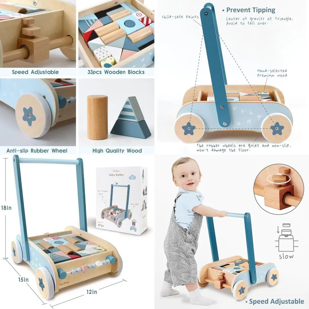 مشاية مونتيسوري الخشبية للأطفال الصغار مع كتل وفرامل وعجلات مضادة للانزلاق - سرعة قابلة للتعديل، هدية مثالية للأطفال بعمر 1-3 سنوات