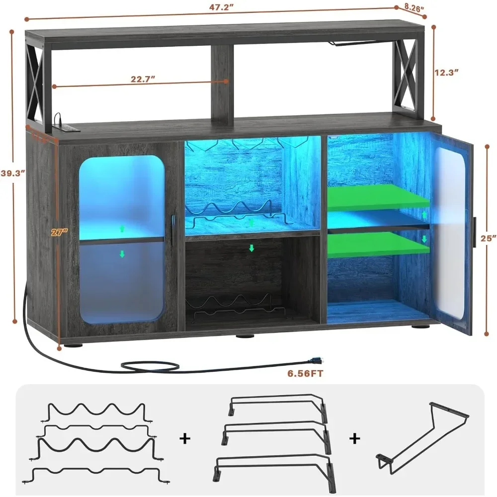 Armoire de bar avec prises de courant, armoire française ou avec lumières LED et porte-verre, armoire de rangement, armoires à café