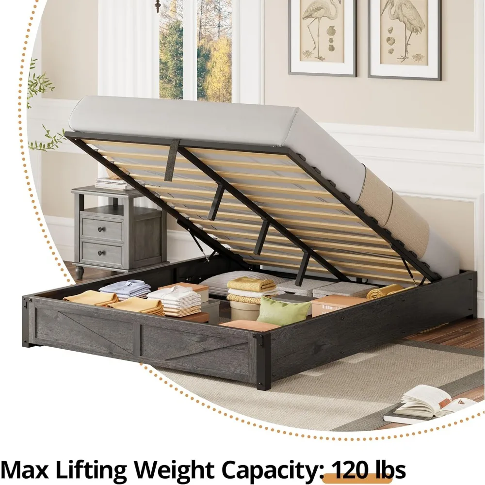 LIKIMIO Platform Queen Size Bed Frame, Farmhouse Bed Frames with Lift Up Storage, Wooden Slats, Sturdy and No Noise, Easy Assemb