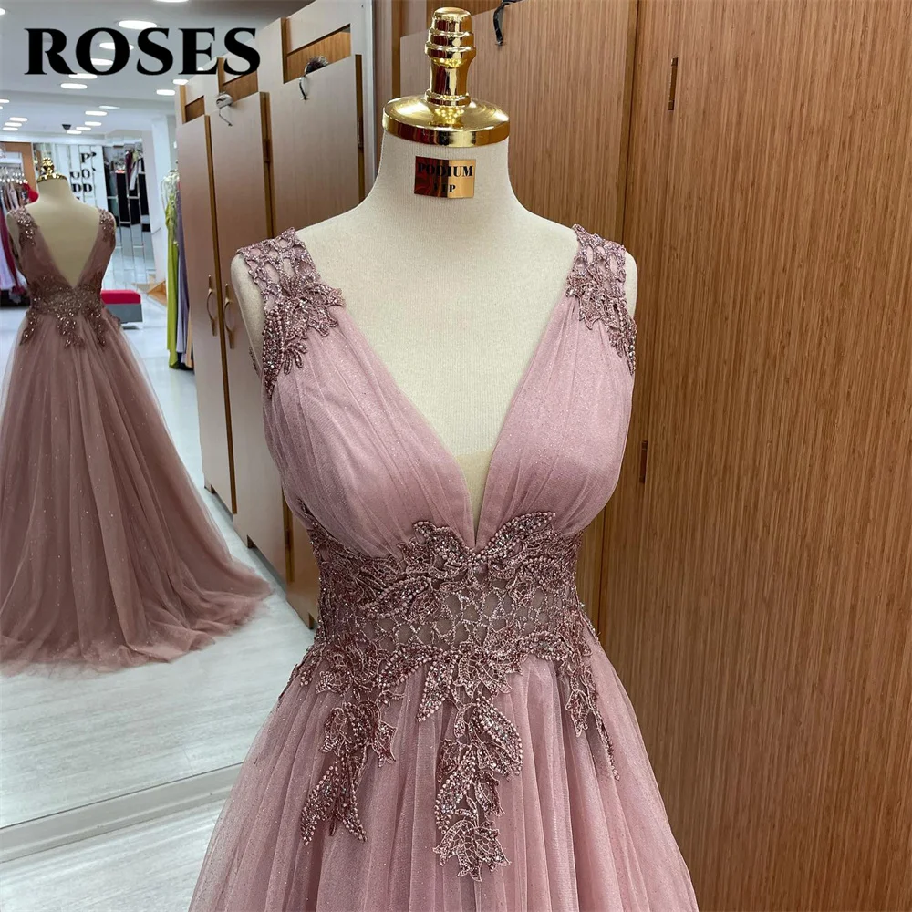 Rosas rubor elegante vestido de fiesta de boda Sexy, de línea A Apliques de encaje, vestido de celebridad para ocasiones especiales, batas personalizadas du soir