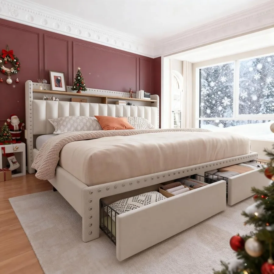 King Size Bed Frame with Upholstered Design and 2 Storage Drawers Vertical Tufted Headboard for Extra Storage Space in Bedroom image 6