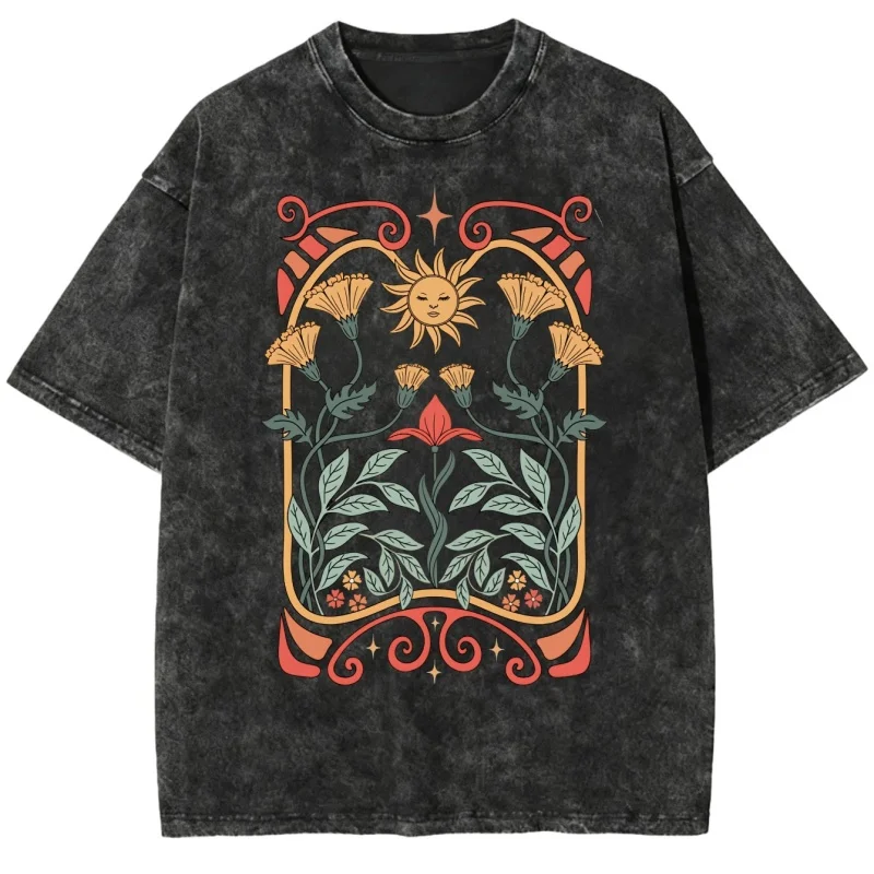 Vintage Washed Black T-shirt Women Men Aesthetic Art Nouveau Bird Flower Sun Moon Print Casual Loose O-neck Short Sleeve Y2K