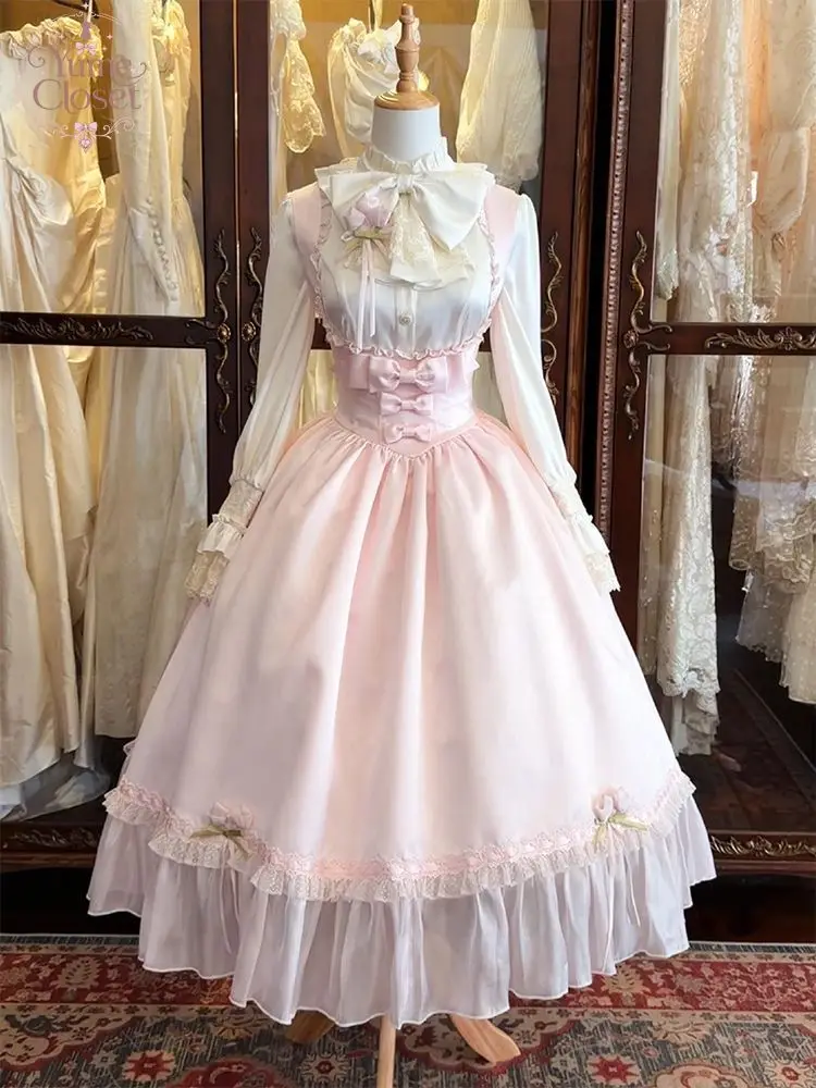 Sweet Lolita 2 Piece Dress Set Women White Ruffle Blouse Pink Suspender Maxi Dress Bow Lace Victorian Tea Party Outfit Princess