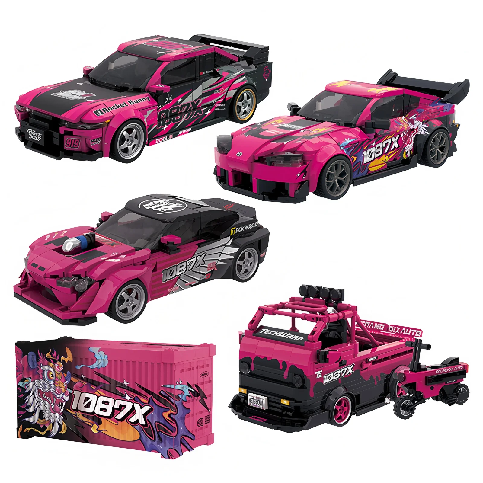 PB 1087X Rosafarbenes Supercar-Bausatz – Racing Champions MOC-Modell mit Displaybox, Drift-Fahrzeug-Sammlung für Kinder und Erwachsene