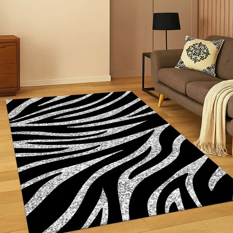 Schwarz-weißer Teppich mit Zebrastreifen für Schlafzimmer, Wohnzimmer, Sofa, Spielzimmer, Fußmatte, Heimdekoration, Kinderspielbereich, rutschfester Teppich, Geschenk – Detail 6