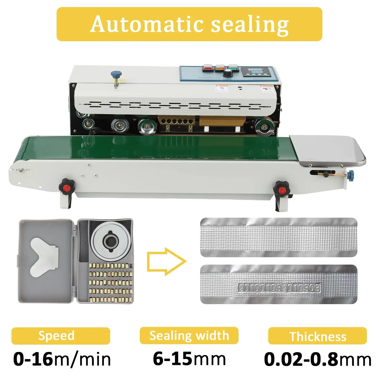 سدادة شريط حقيبة مستمرة 0-16 متر/دقيقة تحكم رقمي/محاكاة في درجة الحرارة مع طباعة التاريخ لأكياس بلاستيكية 0.02-0.08 مللي متر