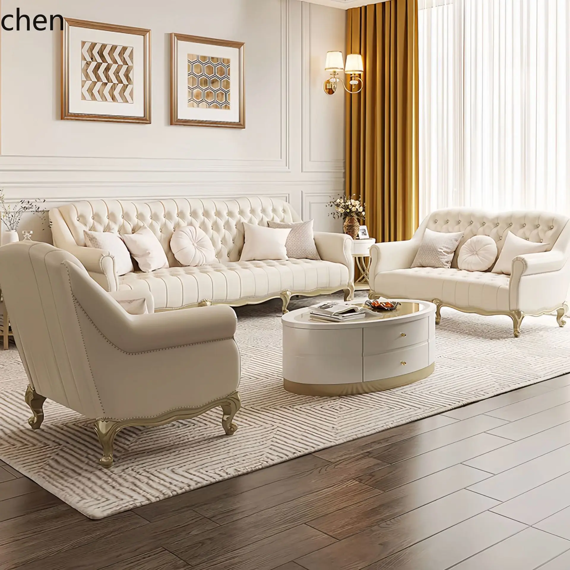 HXL Solid Wood Leather Sofa Living Room High-End Sofa Set Villa Sofa