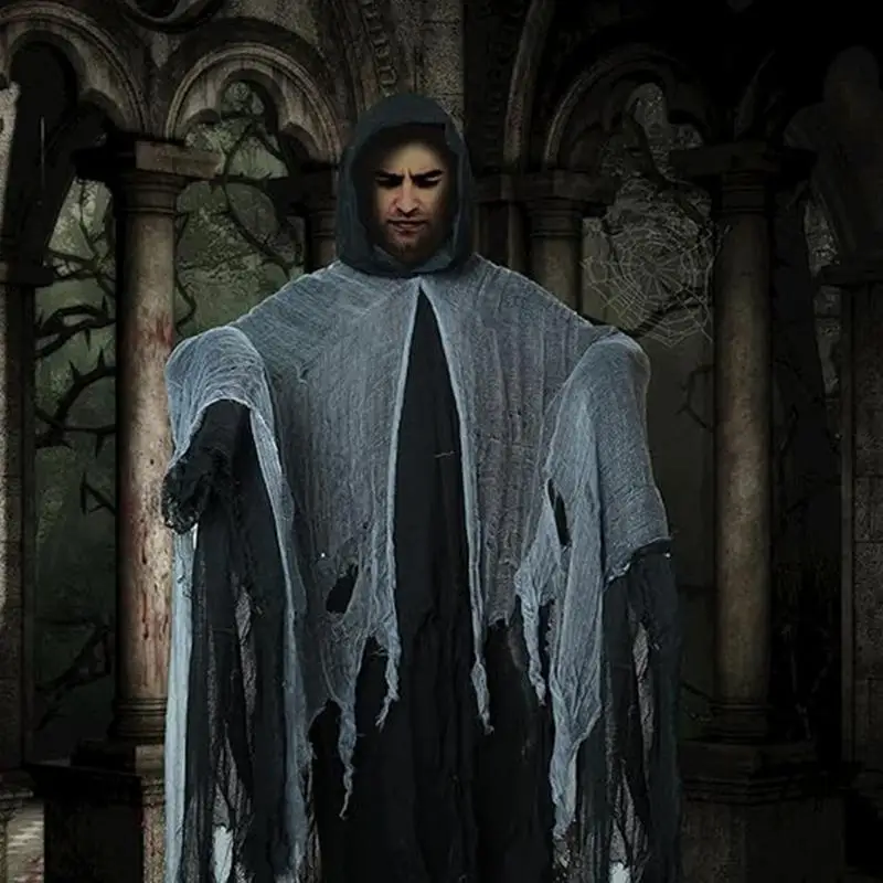 spooky Ghost Cloak Halloween Adult's Hooded Unisex Cloak White Mesh Design Dress Up Cape Props For Parties Theme Dances Cosplay