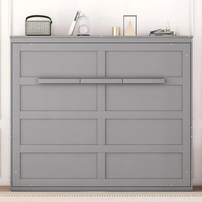 

Queen Horizontal Murphy Bed with Storage Shelves,Wood Folding Murphy Bed Cabinet Queen Grey Murphy Wall Bed Queen Size