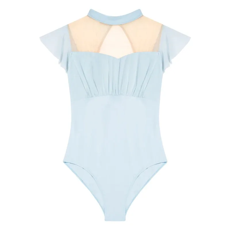 Women  Leotards Swimwear Ruffles Sleeve Ballet Leotard Stand Collar Pleated Mesh Splice Gymnastics Leotard Women Bodysuit