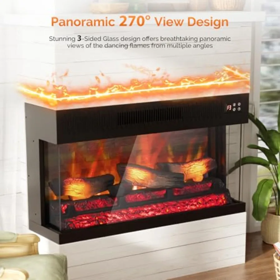 36 Inch 3-Sided Glass Electric Fireplace Insert with Remote Control Wall Mounted Recessed Heater 8H Timer 20 Flame Colors for I
