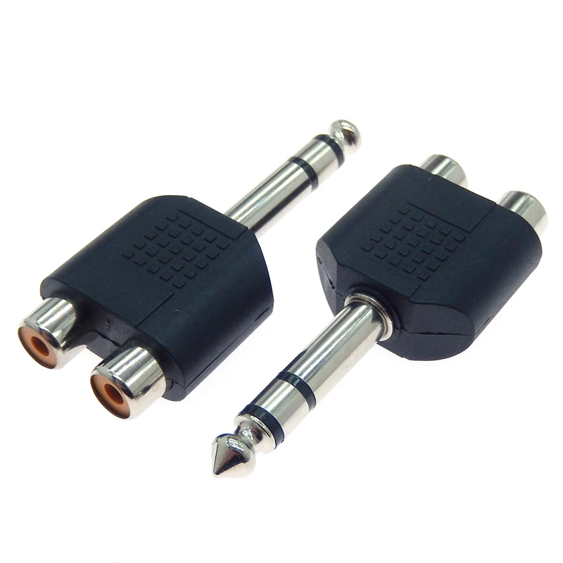 2PCS 6.35mm 1/4 inch Male Mono Channel Stereo To 2 Dual RCA Female Y Splitter Audio Adapter Converter Connector