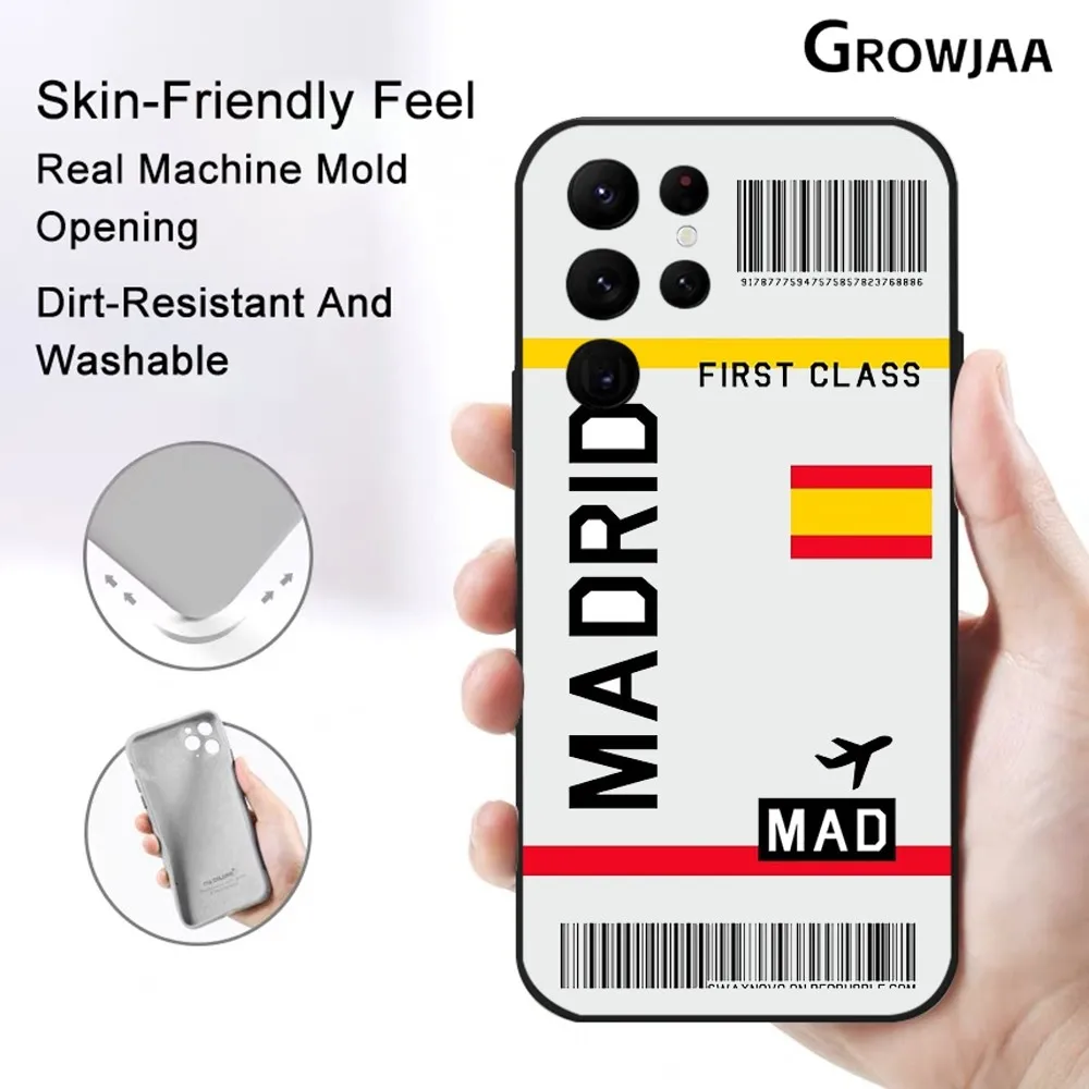 Plane Travel Ticket Madrid Phone Case for Samsung Galaxy S24 Ultra S22 S23 Ultra S21 S20 Protective Silicone Funda