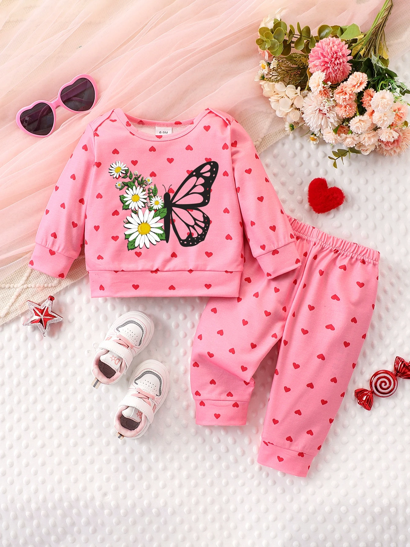 Girls' Pink Butterfly Heart Print Two-Piece Set Cute Soft Comfortable Skin-Friendly Fabric Breathable Sweet Full Print Design