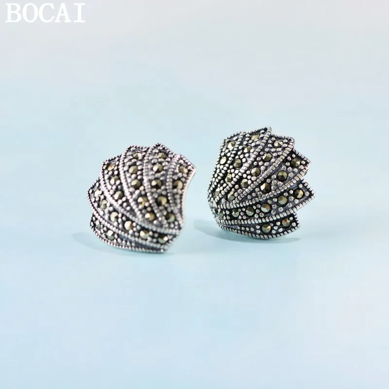 

BOCAI NEW S925 Pure Silver Retro Personality Inlaid With Maxaystone Women's Earrings