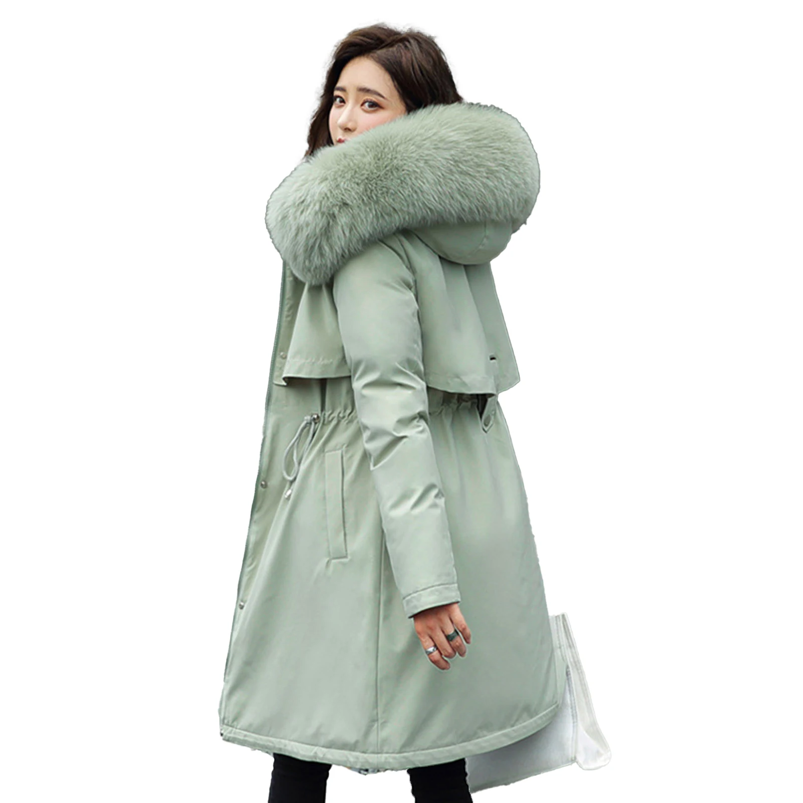 

Women Cotton Liner Parka Jacket Fashion Adjustable Waist Winter Coat with Fur Hood for Cold Days Vacations Outfit