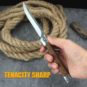 Portable Damascus Carry Pocket Knife Survival Knife Folding Knife Outdoor Tactical Knife Survival Camping Knife Wooden Handle