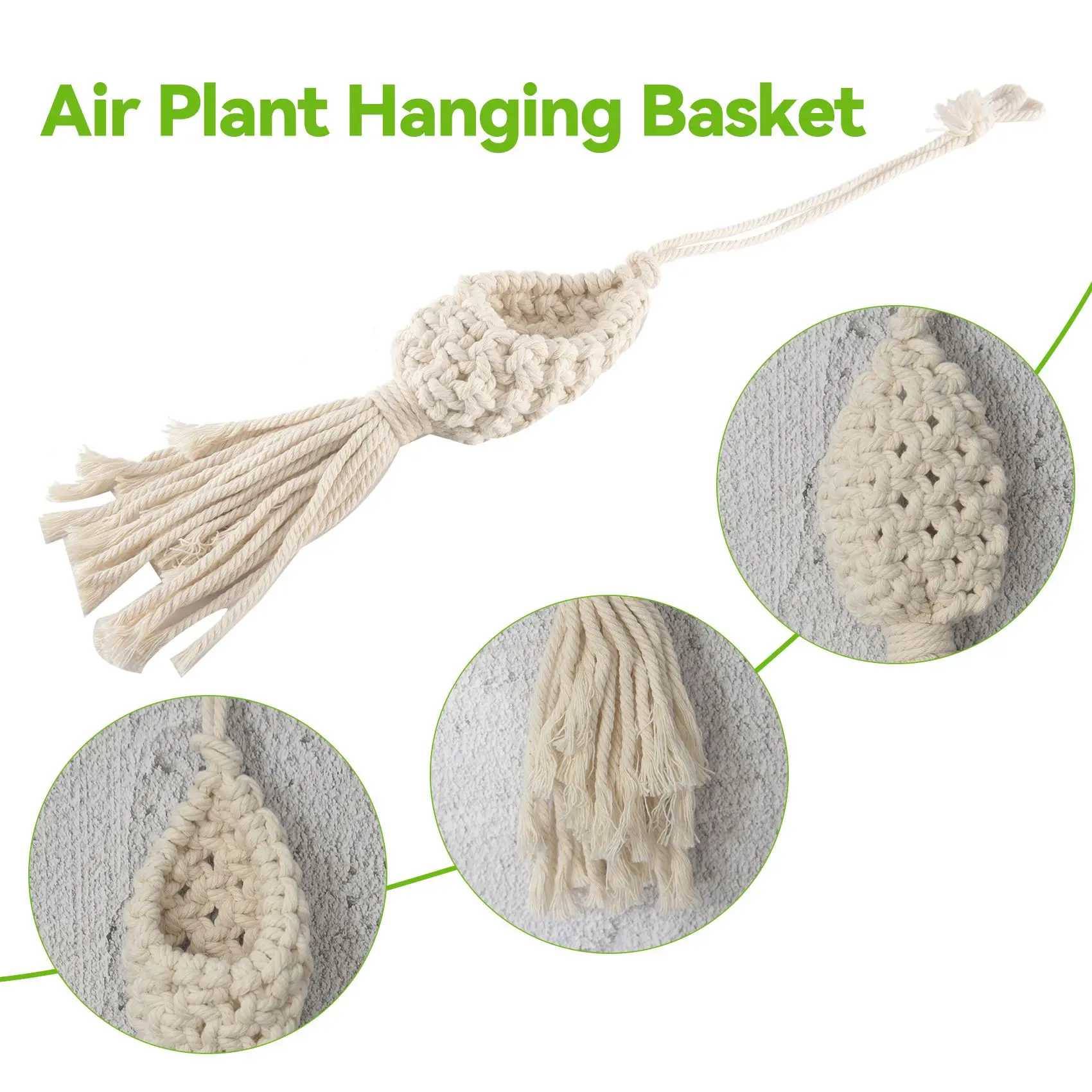 RIRI Boho Macrame Air Plant Hanger Tillandsia แขวนตะกร้าเชือกผู้ถือดอกไม้ตกแต่งบ้าน (10 ซม.)