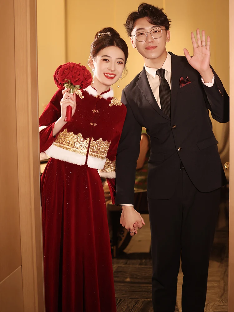 

Red Wedding Dr Qipao Suit Autumn Winter Long Sve Mid-Length A-Line Skirt for Engagement And Return Home Par Dr