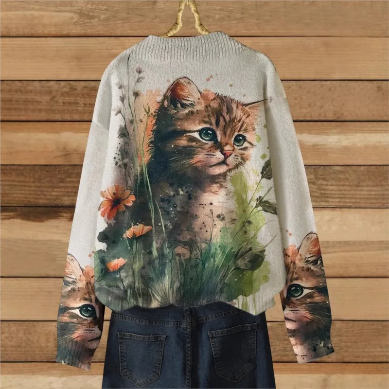 

2025 Autumn 3d Cat Print Pullover Sweater Round Neck Long Sleeve Casual Loose Streetwear Funny Fall Winter Jumpers Women Tops