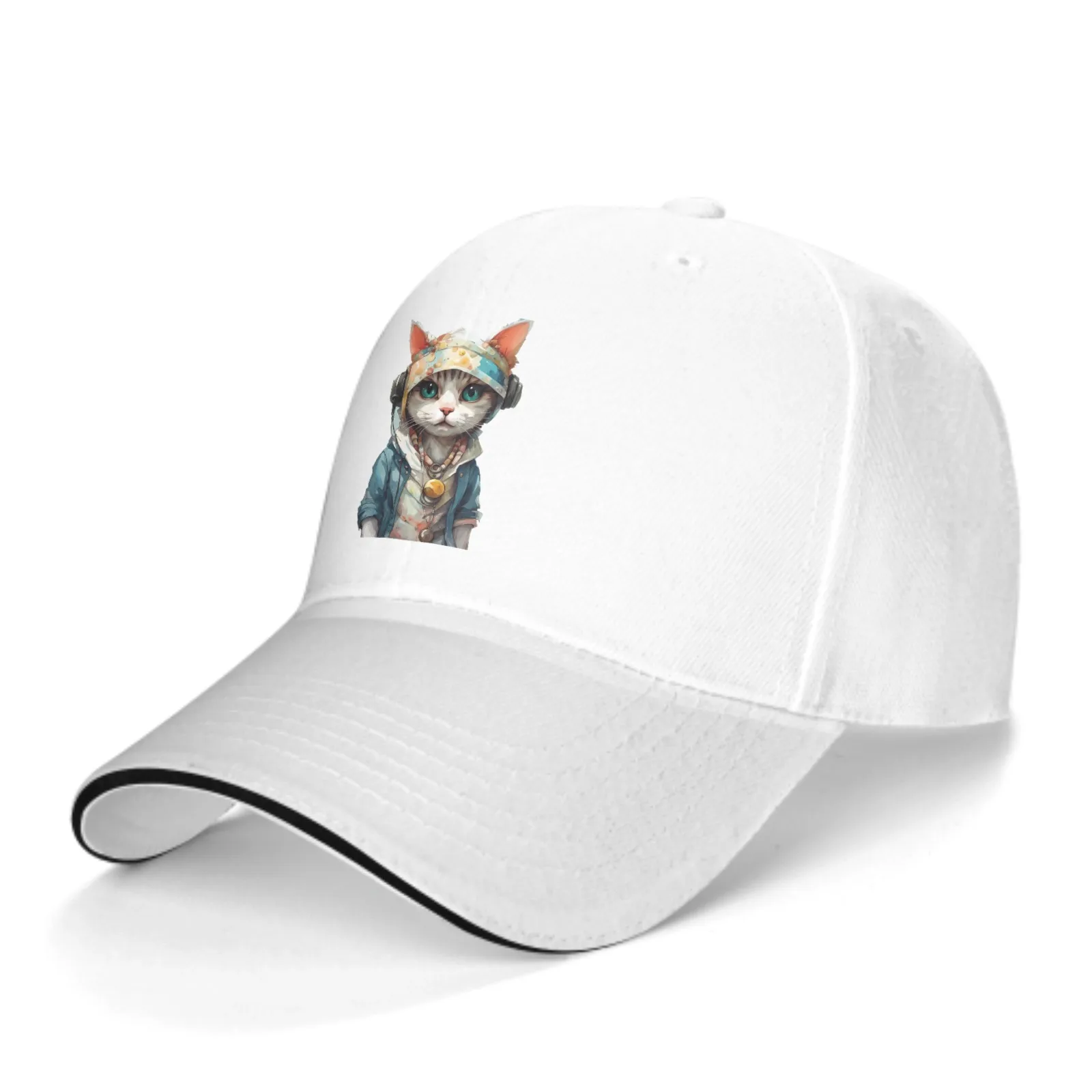 Handsome Cat with Headphones Adjustable Fashion Wild Caps Print Washed Sandwich Caps Sports Outdoor Baseball Hat