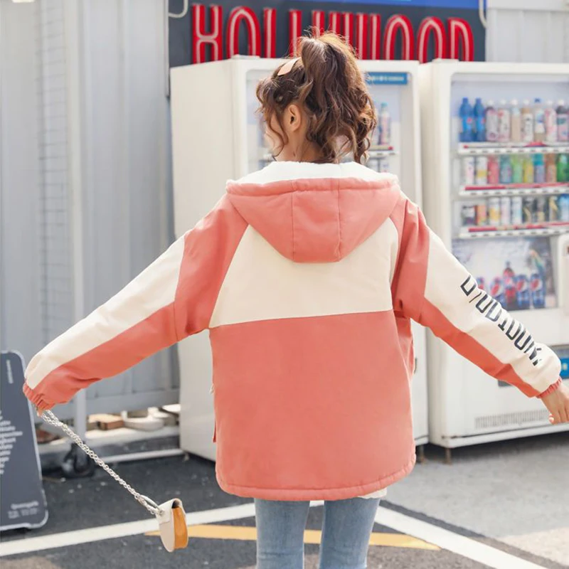 Winter New Women Hooded Parkas Plus Fleece Windproof Warm Snow Wear Woman Trend Contrast Color Big Pocket Cotton-Padded Jacket