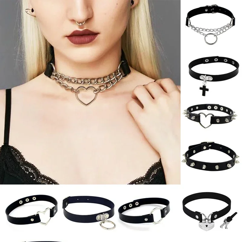 1PC Punk Rock Gothic PU Leather Necklace Heart Round Spike Rivet Collar Studded Choker Chain Necklace 100% Handmade Body Jewelry