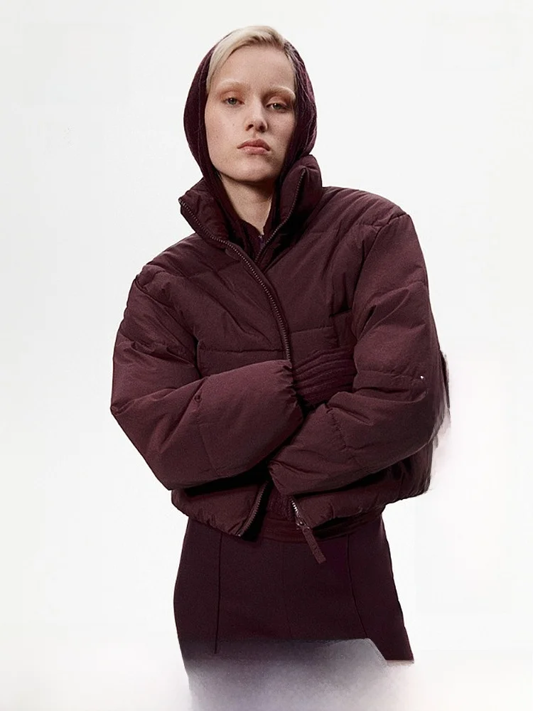 

H&M Women's Red Diamond Pattern Cotton Jacket Winter Warm Stand Collar Zipper Short Cotton Coat Quilted Nylon Fiber