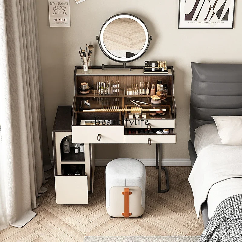 

*Modern simple saddle leather dresser side makeup table bedside table integrated mirror table