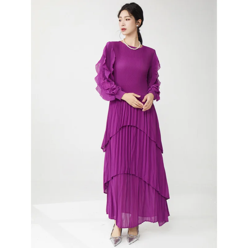 

Miyake PLEATS PLEASE Maxi Dress :Round Sleeve Asymmetric Hem | Solid Color Textured Pleats | Autumn Elegant Loose Fit # 25722zsj
