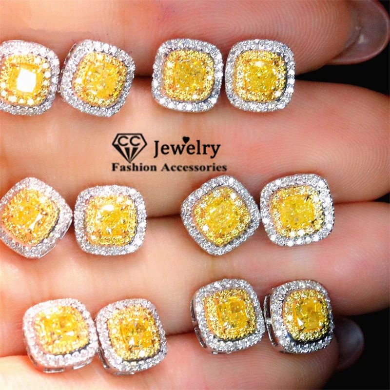 CC Square Stud Earrings For Women 925 Silver Needle 7*7mm Yellow CZ Stone Wedding Fine Jewelry Party Accessories CCE684