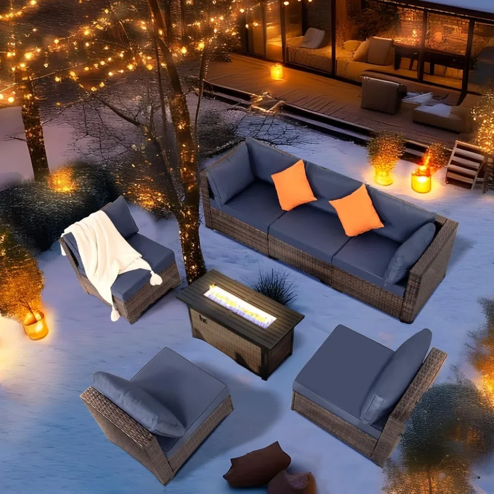 7 Pieces Patio Furniture Set, Wicker Sectional Sofa Set Rattan Modular Patio Conversation Sets with Cushions Couch Set &  Table