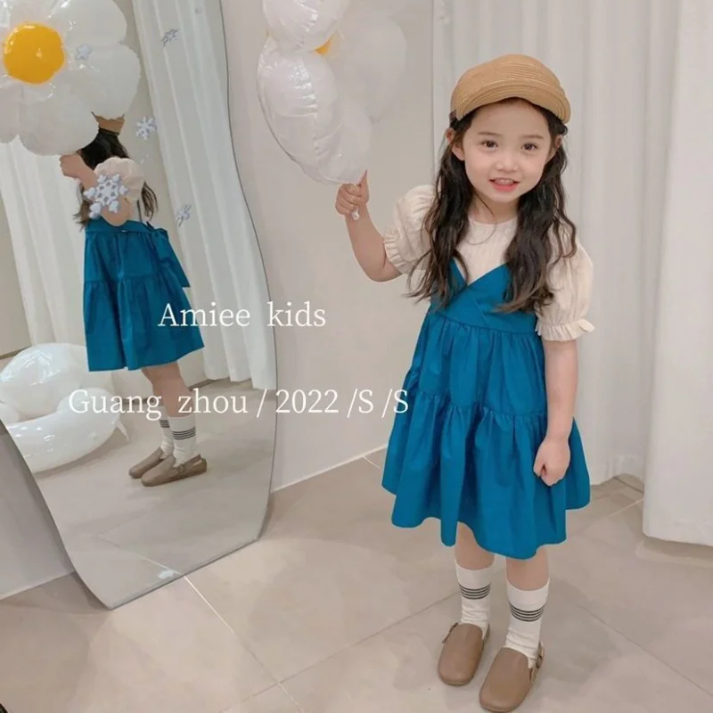 New Girls' Trendy Fake Two Pieces Solid Color Suspender Skirt Baby Summer Short Sleeve Princess Dress Tide63