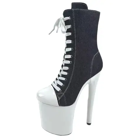 15 17 20cm Super High Nightclub Platform Heels Strappy Canvas Women's  Ankle Boots Sexy Round Toe Pole Dance Shoes Ladies Boots