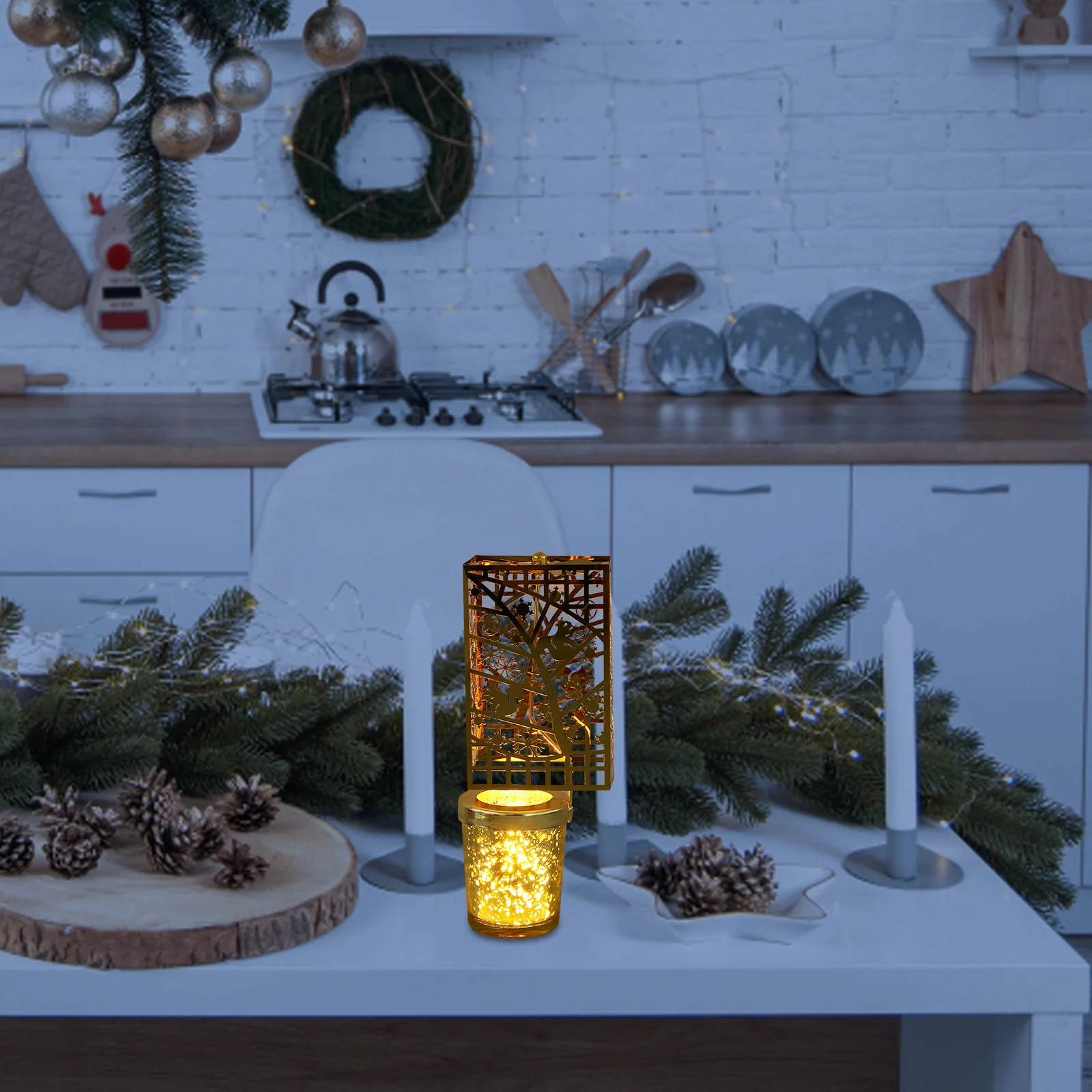 

Rotating Christmas Holder Golden Hollow Design Elegant European Spinning Tealight Carousel Holiday Party Table Decor