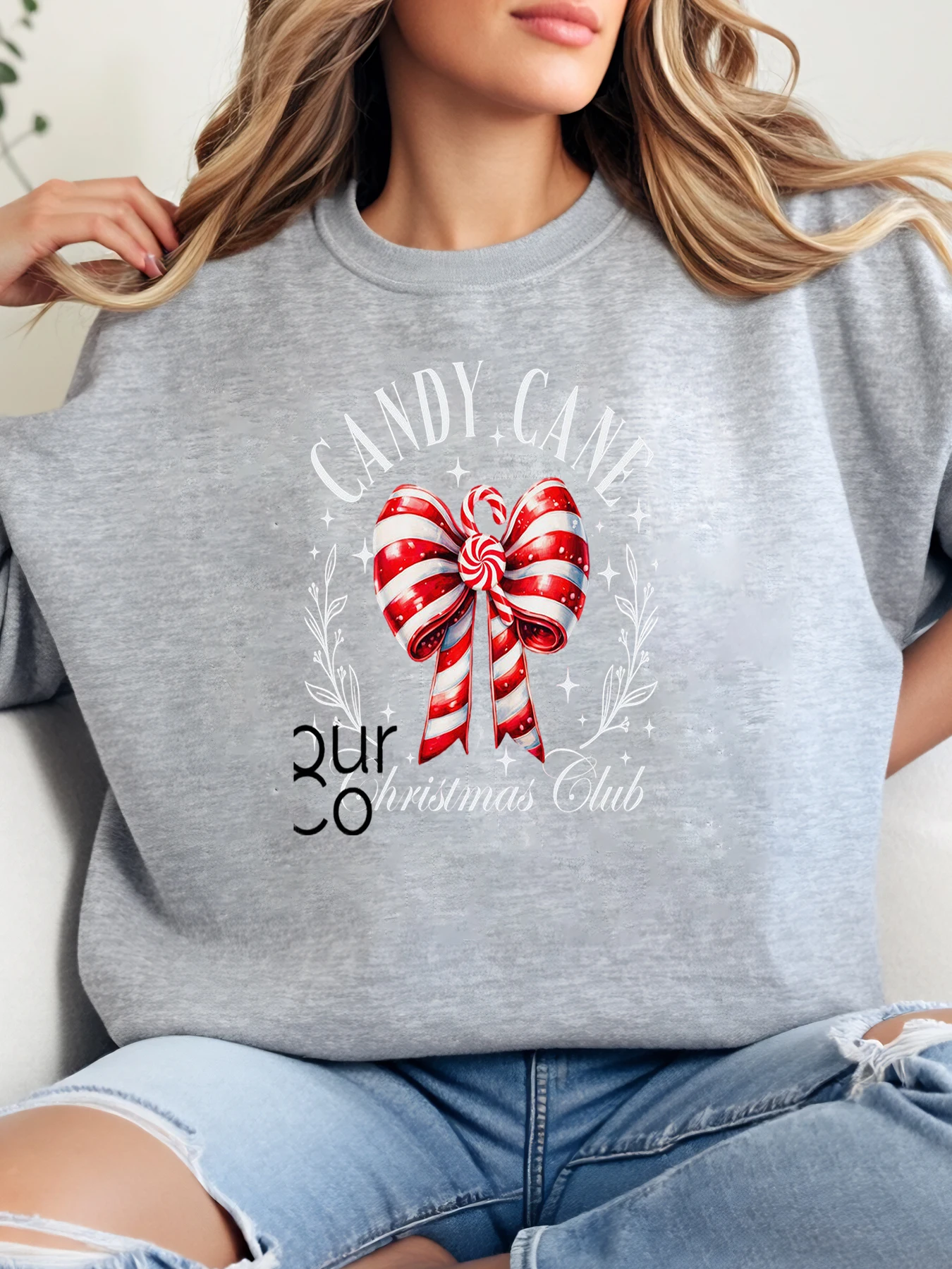 Candy Cane Bow Our Christmas Club Print Christmas Sweatshirt Women Casual Holiday Wear Gray Plus-Size