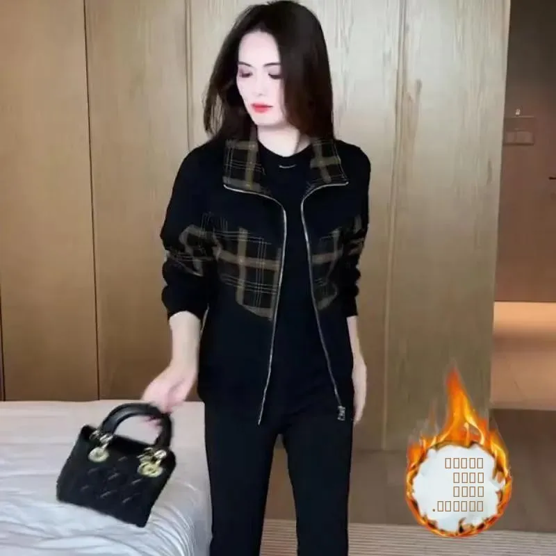 Modische, gefütterte Damenjacke, locker geschnitten, verdickt, Herbst-Winter, kariert, Reißverschluss, Stehkragen, Oberbekleidung