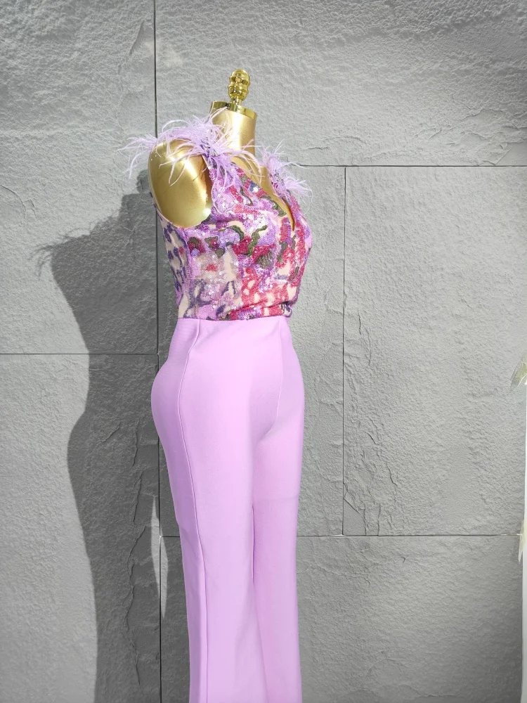 

Роскошный женский сексуальный сексуальный комбинезон без рукавов с v-образным вырезом и блестящими перьями, облегающий бандажный длинный комбинезон для ночного клуба, праздничная одежда