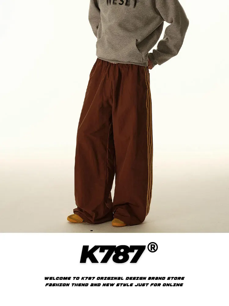 

K787 American Retro Straight Leg Casual Pants High Waist Striped Sports Street Dance Wide Leg Long Trousers Men Women