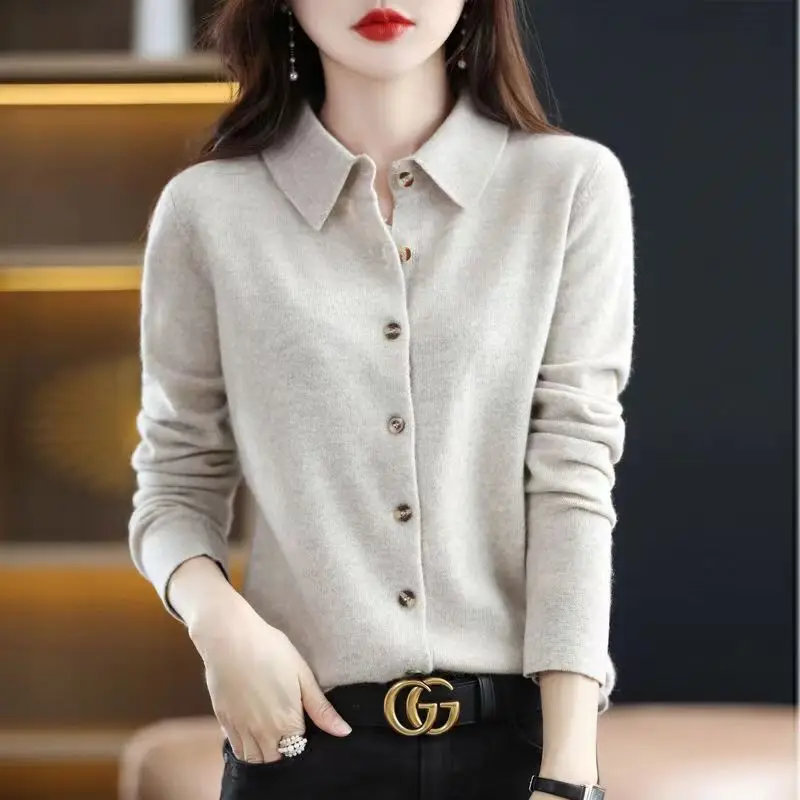 Spring And Autumn POLO Collar Sweater Knitted Shirt With Loose Long-Sleeved Non-Cashmere Cardigan Temperament Lapel Jacket 430