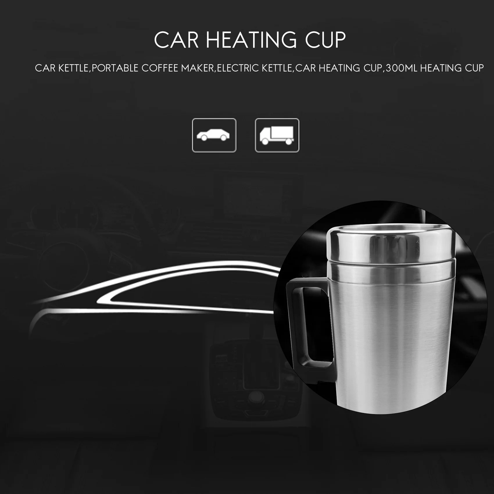 A54K-Car Heating Kettle, Simple 12V 300Ml Portable In Car Coffee Maker Tea Pot Vehicle Heating Cup Lid Outdoor Water Bottle Elec
