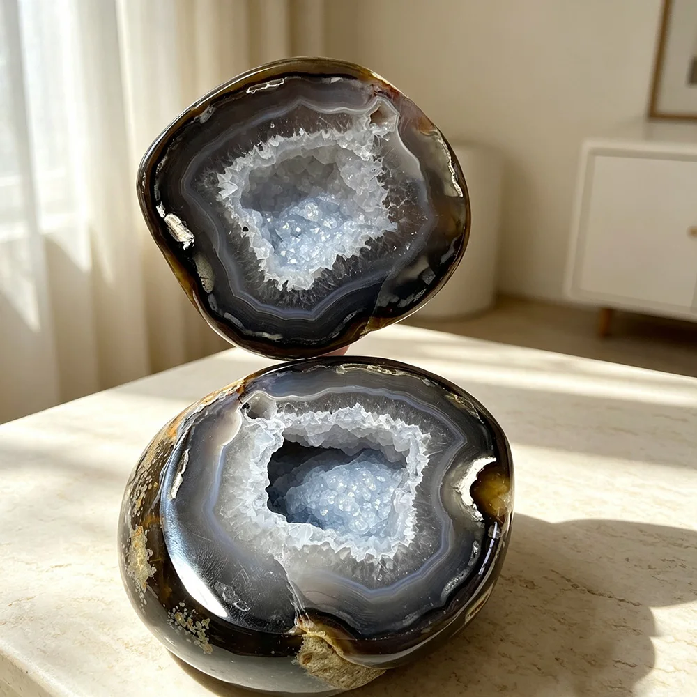 1PC Natural Polished Agate Geode Druzy Quartz Cave Box Mineral Specimen Desktop Decor Living Room Office Ornament Crystal Gift