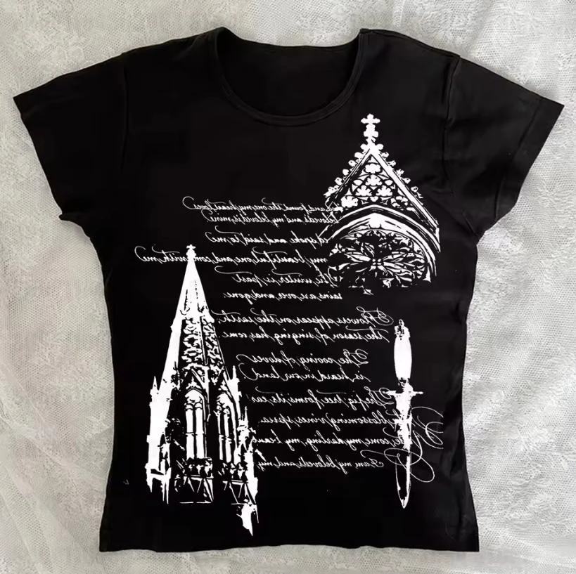 Cartoon English pattern printed fashionable T-shirt both men and women Trendy punk style versatile suitable seasons Comfortable