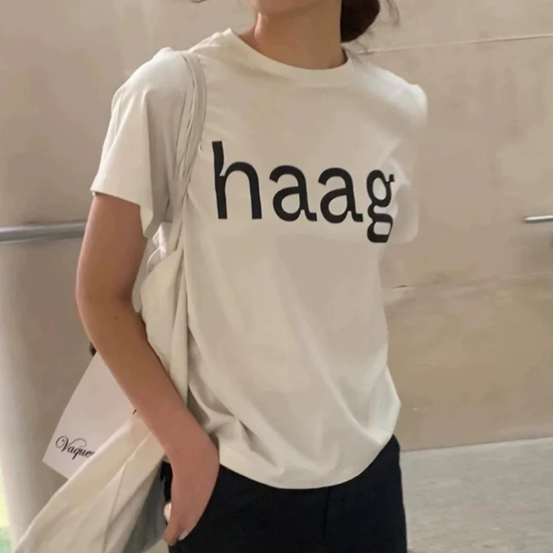 T-shirt bianca casual rotonda Ne ort Sve T-shirt da donna semplice abbinata a tutte le lettere T-shirt ampia in cotone estivo creativo