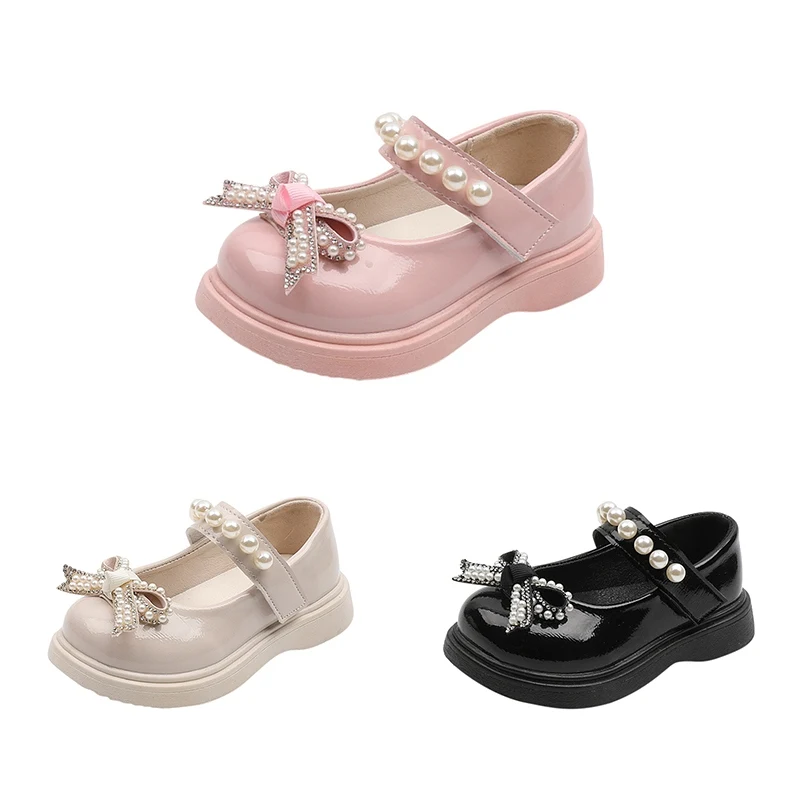 Children Girls Princess Shoes Spring Autumn Retro Patent Leather Cute Pearl Bow Dance Shoes Girls Flats Non-slip Beans Shoes