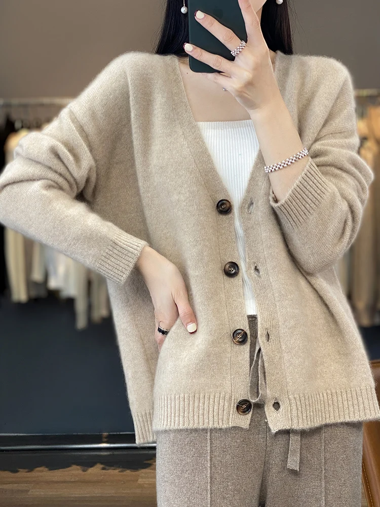 New Chic Women V-neck Cardigan Solid Soft Warm 100% Merino Wool Sweater Autumn Winter Casual Loose Cashmere Knitwear Korean Tops