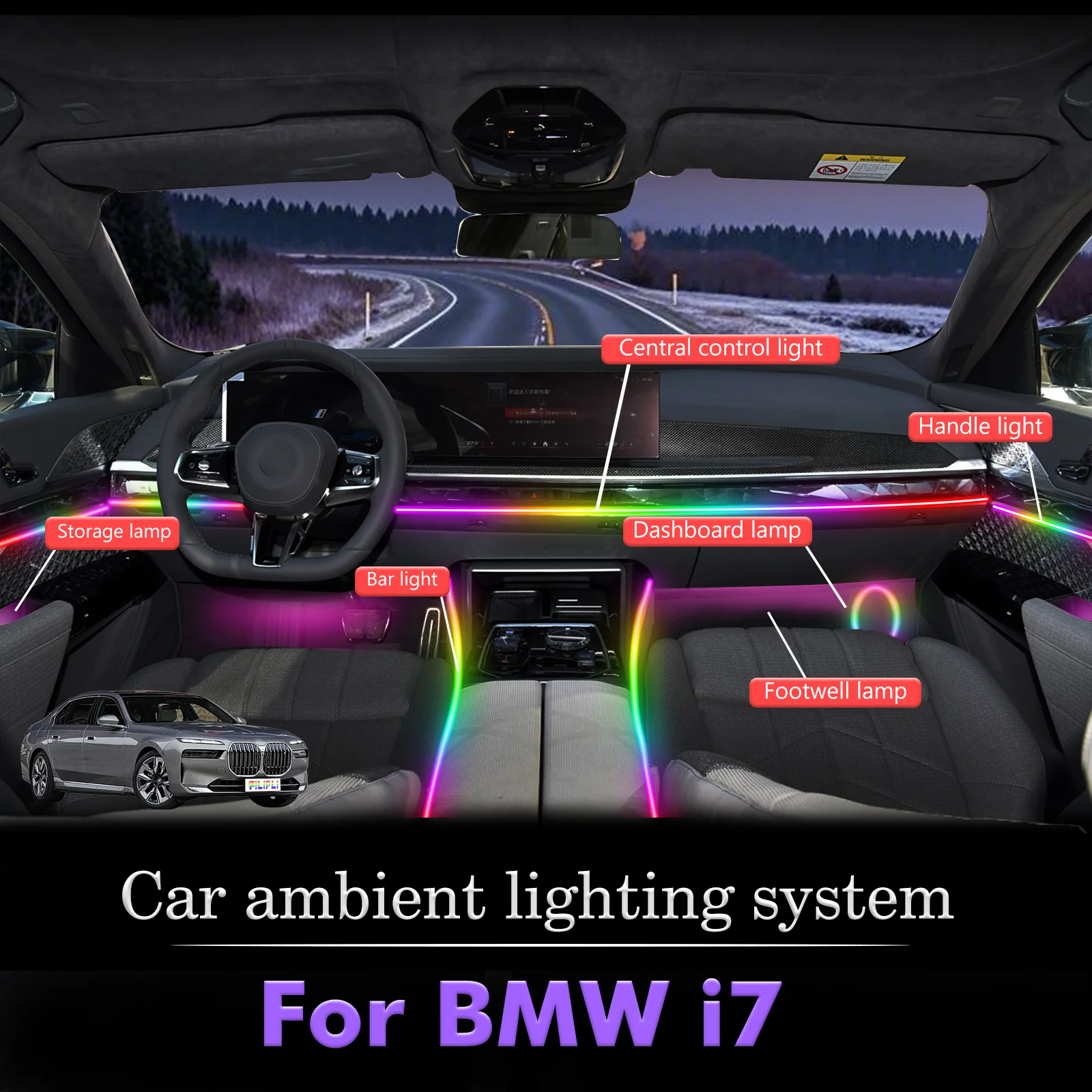 

For BMW I7 Car Interior Decorative Ambient Light RGB 64-Color LED Smart Remote Control Energy Saving Lamp Kit