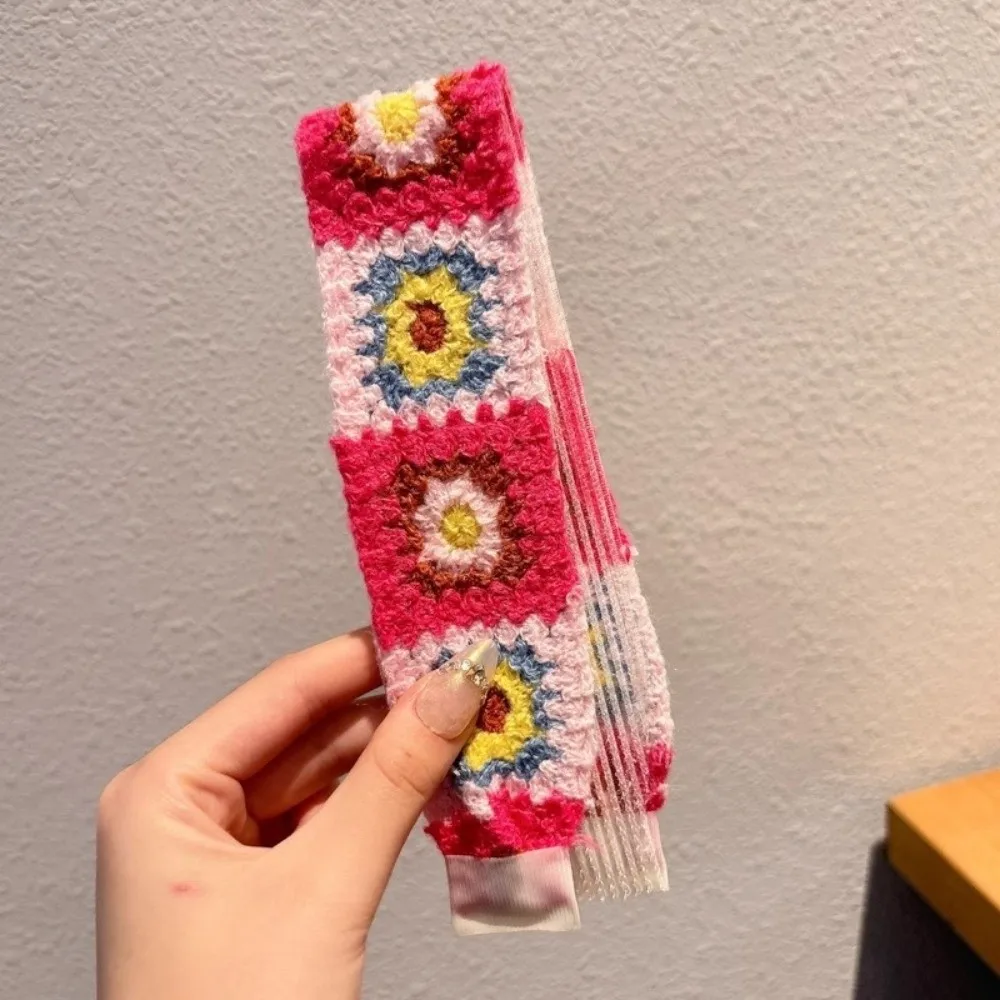 

Bohemian Style Knitted Hairband Embroidered Flowers Adjustable Magic Tape Hairband Candy Colors Forehead Hair Strips Girl