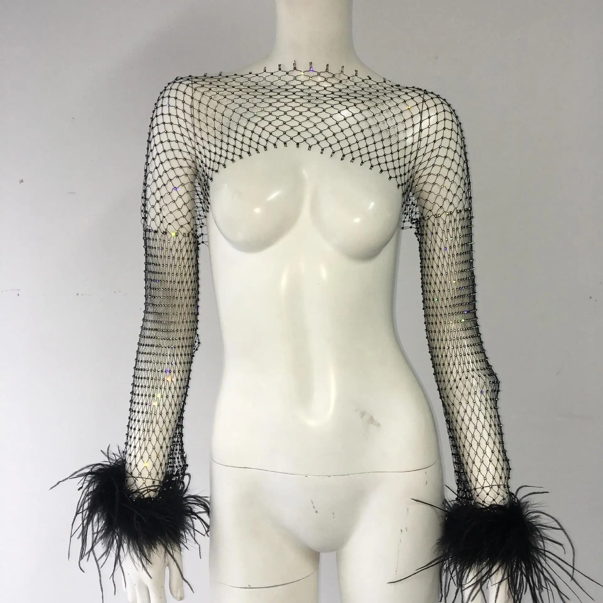 Top corto negro de manga larga con diamantes de imitación para mujer, Top Sexy de malla transparente de cristal para club nocturno y playa